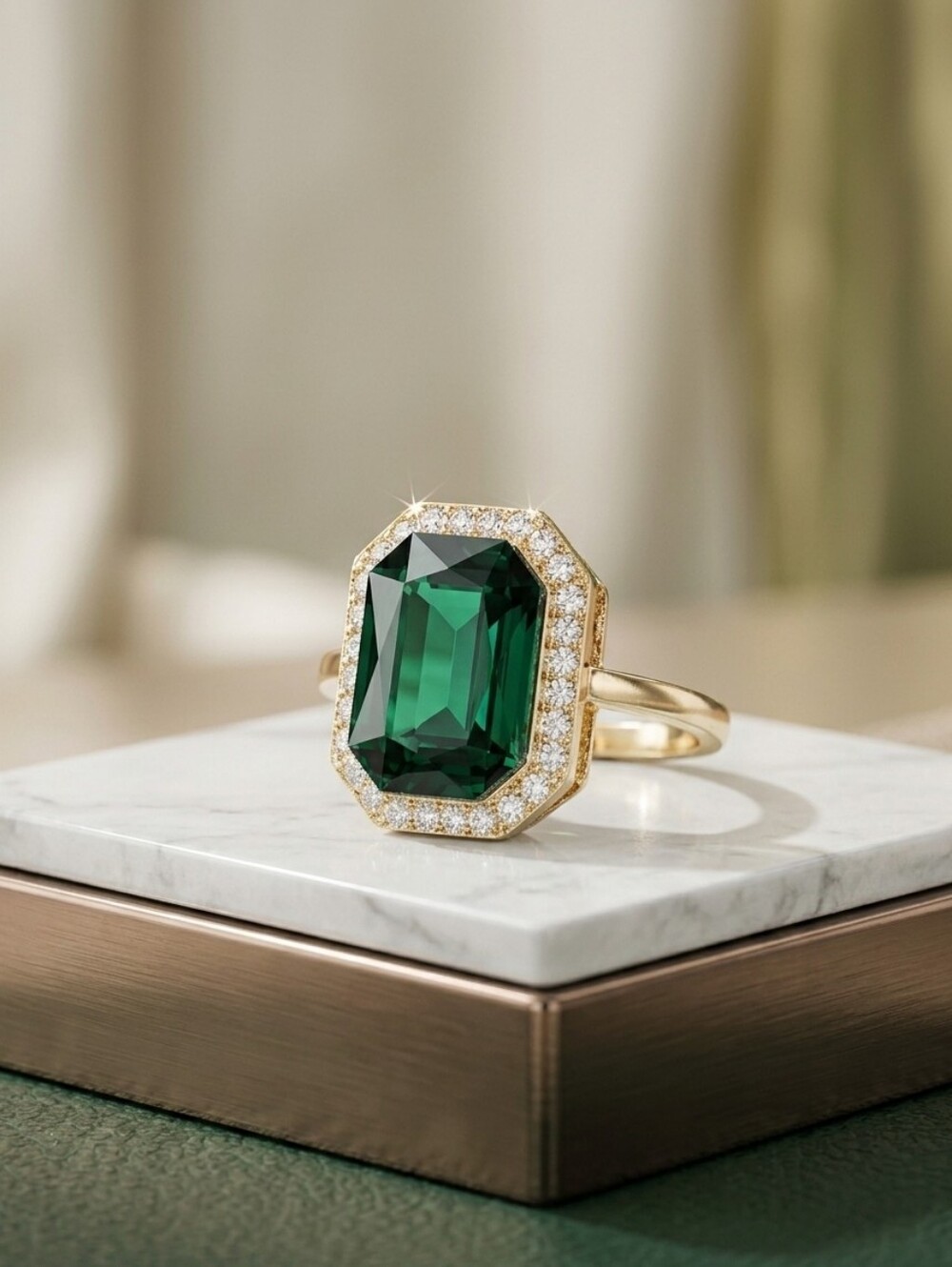 Gold-Tone Emerald Green Crystal Halo Adjustable Ring